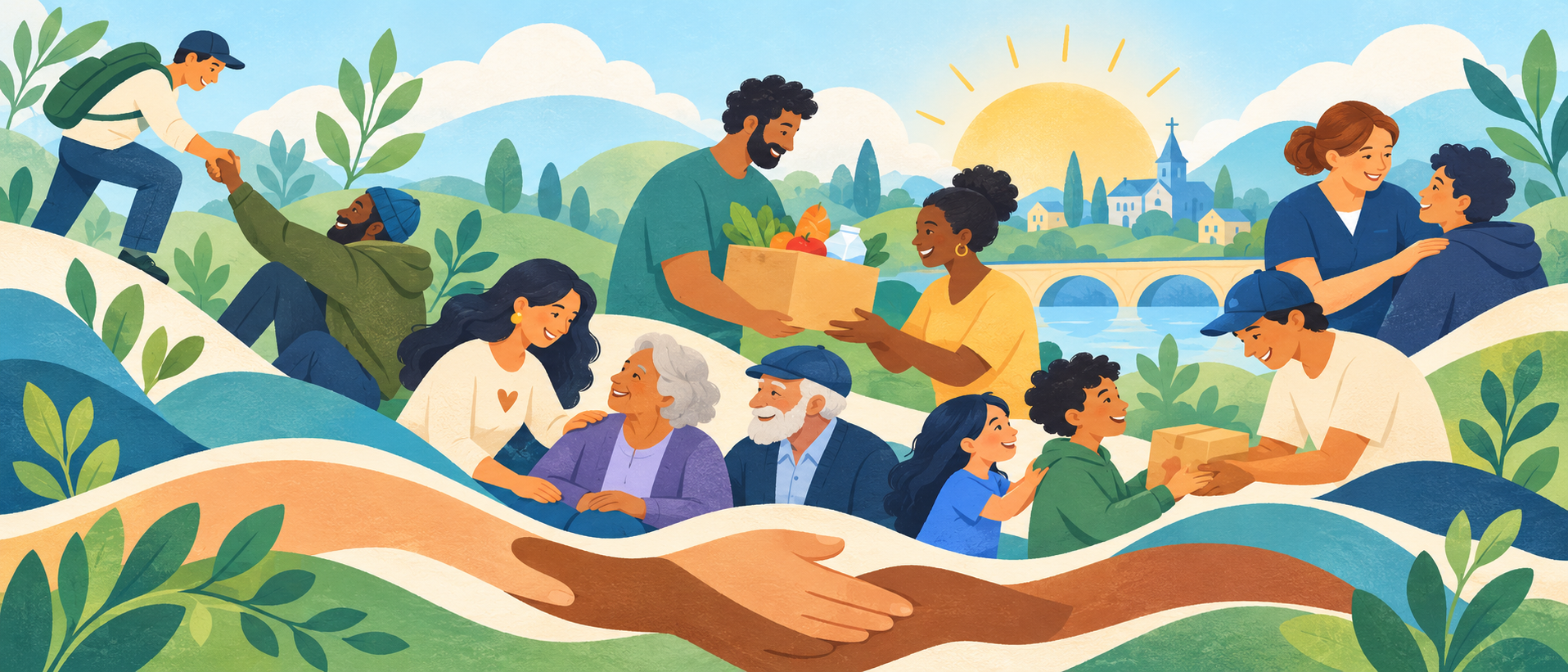 Illustration of neighbours sharing food, keeping one another company and helping each other to their feet, held in two reaching hands